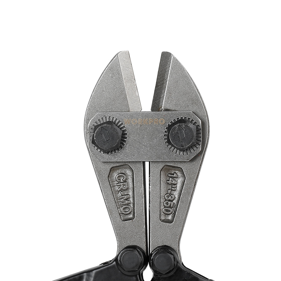 Workpro 14 inch bolt cutter in gray with drop-forged chrome molybdenum steel jaws and precisely aligned blades