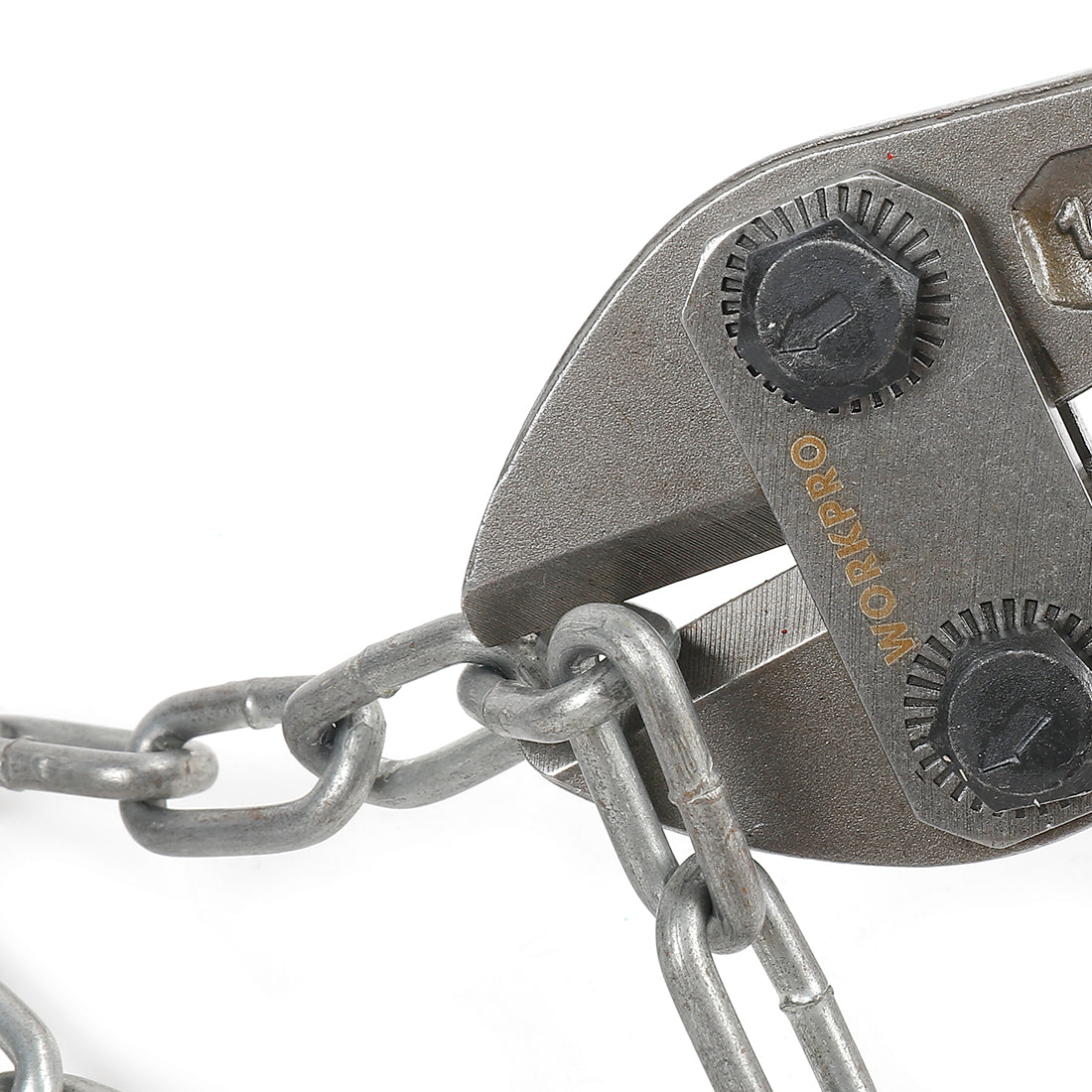 Workpro 14 inch bolt cutter with drop forged chrome molybdenum steel jaws cutting a metal chain.