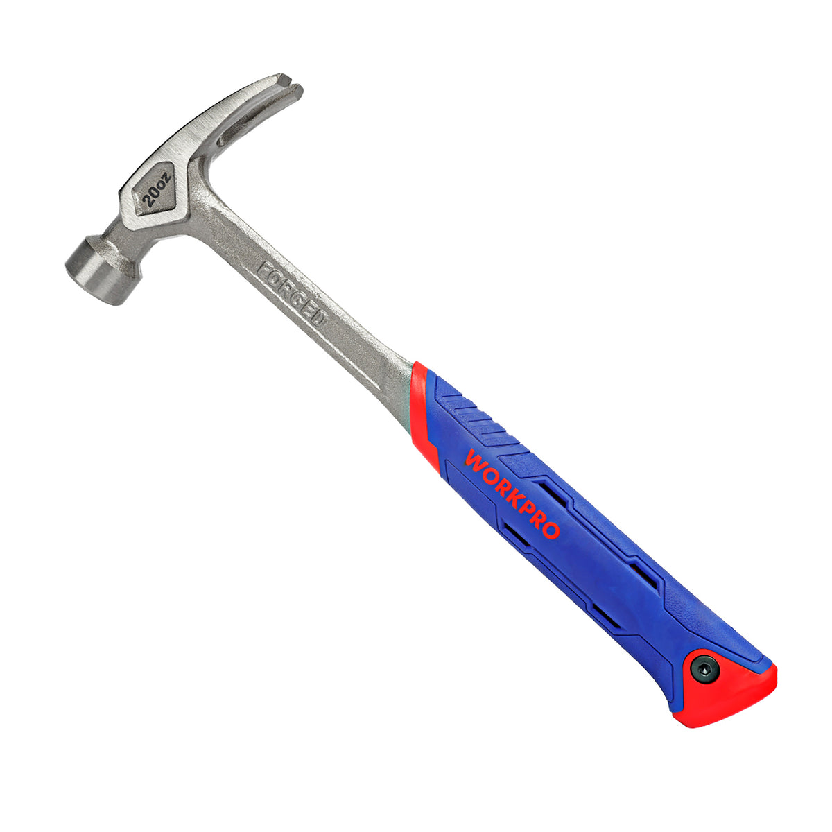 Workpro 20 oz claw hammer in blue and red with one-piece drop-forged carbon steel construction
