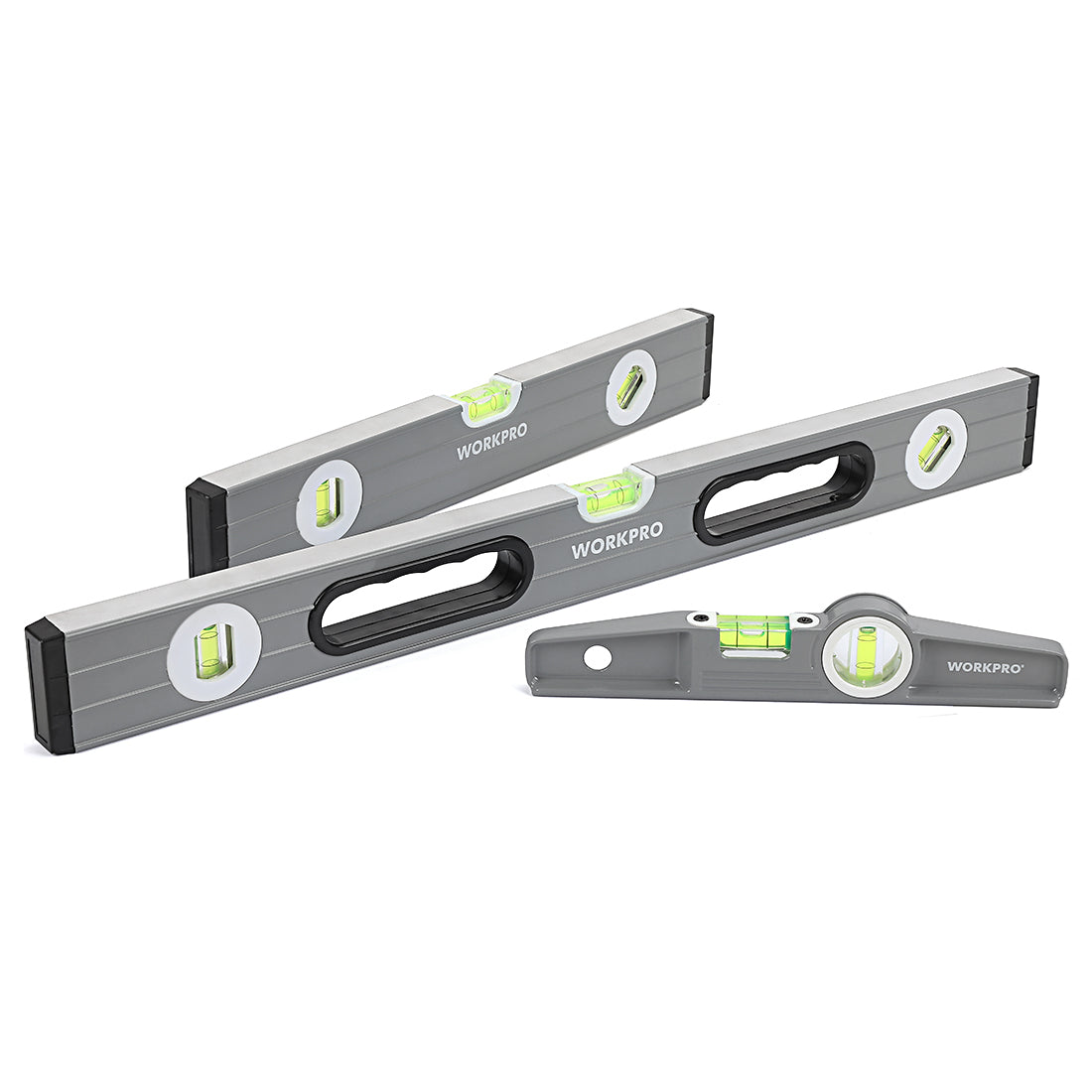 Workpro torpedo level set in gray with slim metal casing, box beam frames, and vertical, horizontal, and 45 degree vials