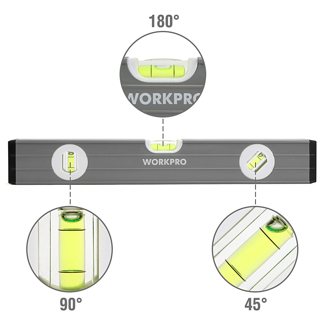 Workpro torpedo level in dark gray with a slim metal casing, box beam frame, and vertical, horizontal, and 45 degree vials.