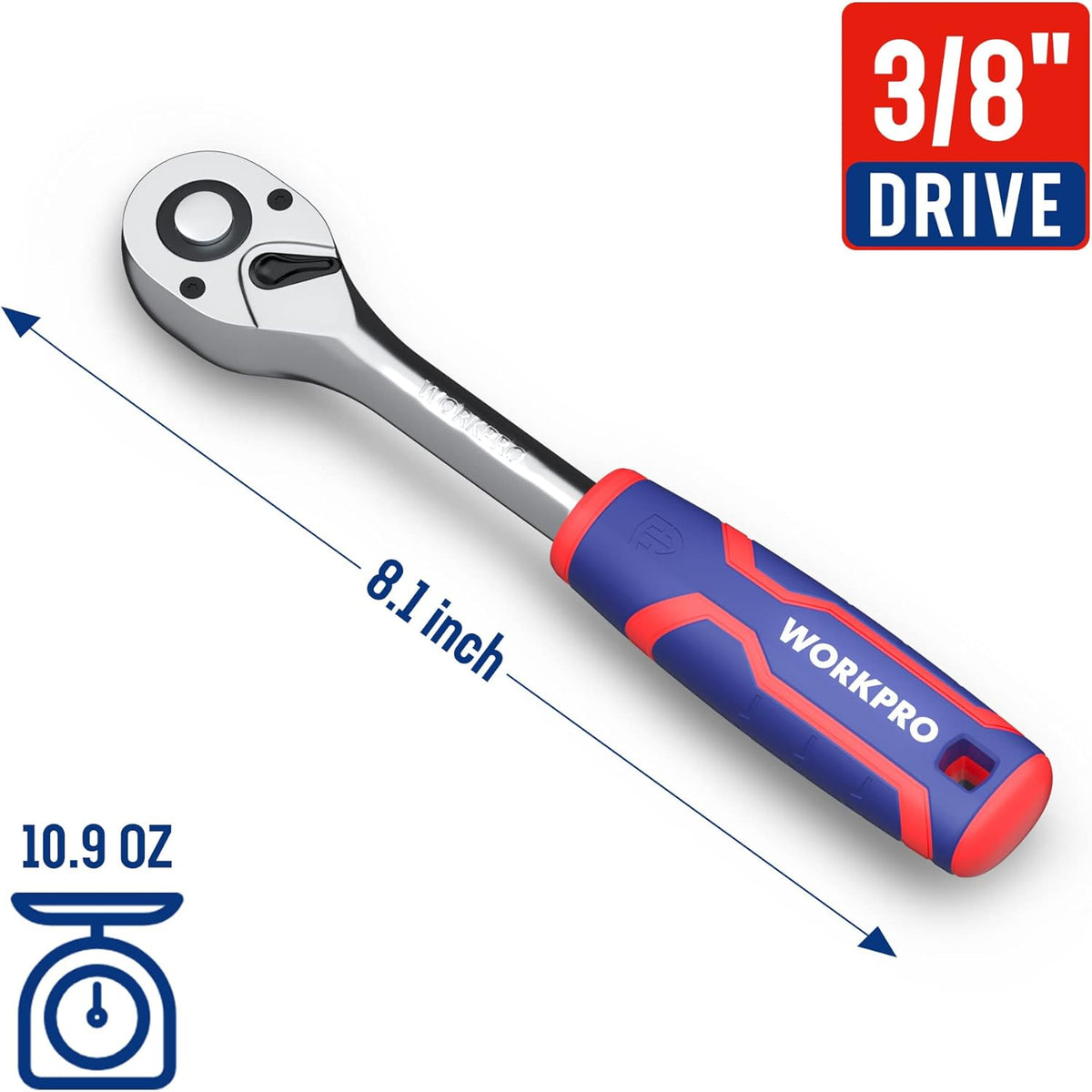 WORKPRO 3/8-in drive ratchet wrench with chrome head and red-blue comfort handle.