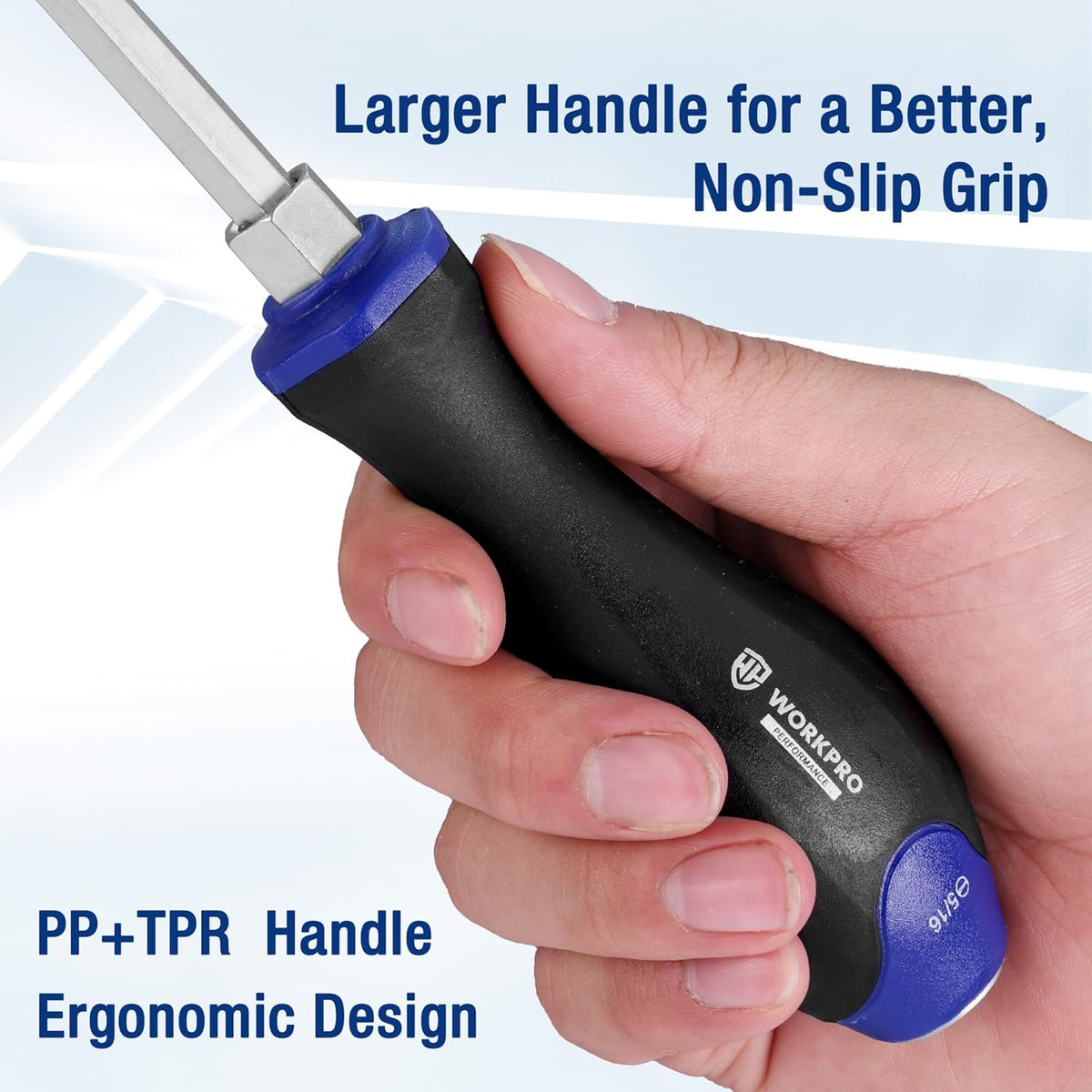 WORKPRO ergonomic non-slip magnetic screwdriver handle with PP+TPR grip and blue end