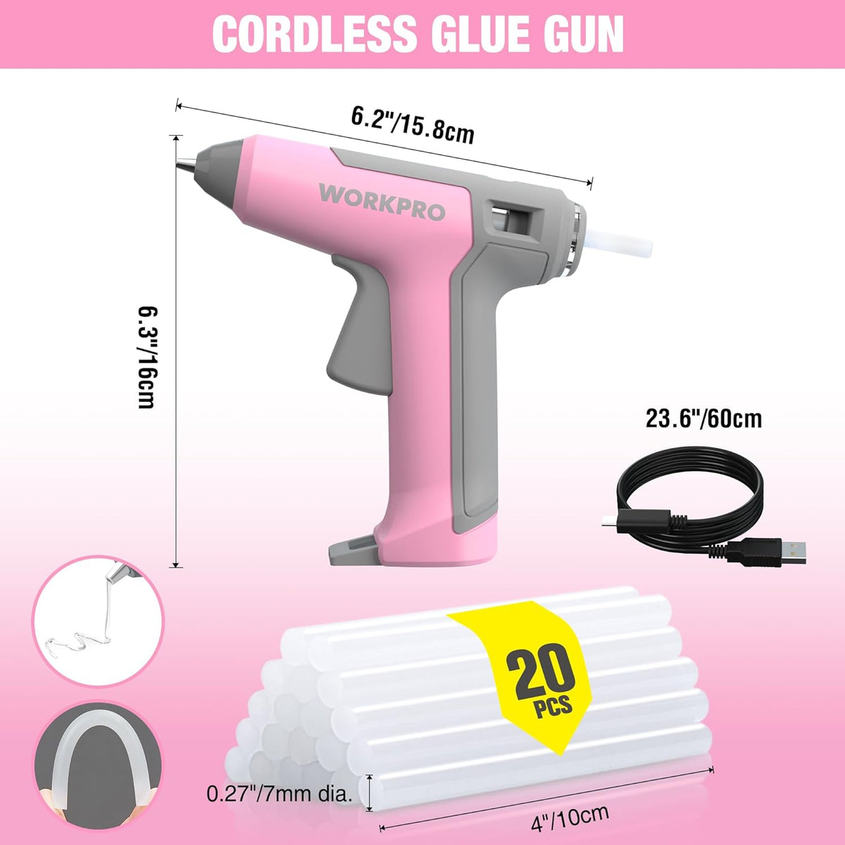 WORKPRO pink cordless mini hot glue gun with stand and 20 mini glue sticks