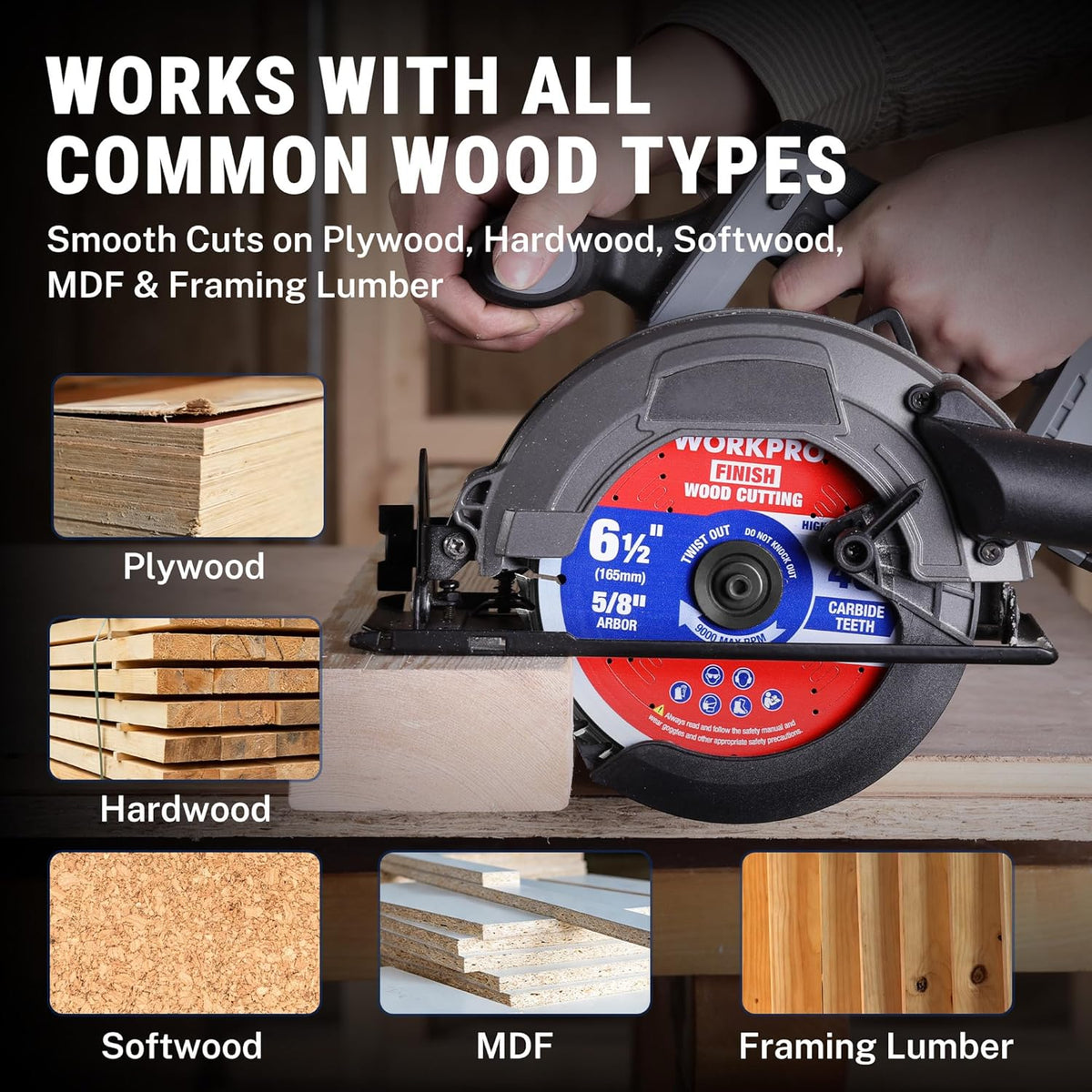 10-inch circular saw blade, 60T carbide teeth, shown on a saw for common wood types