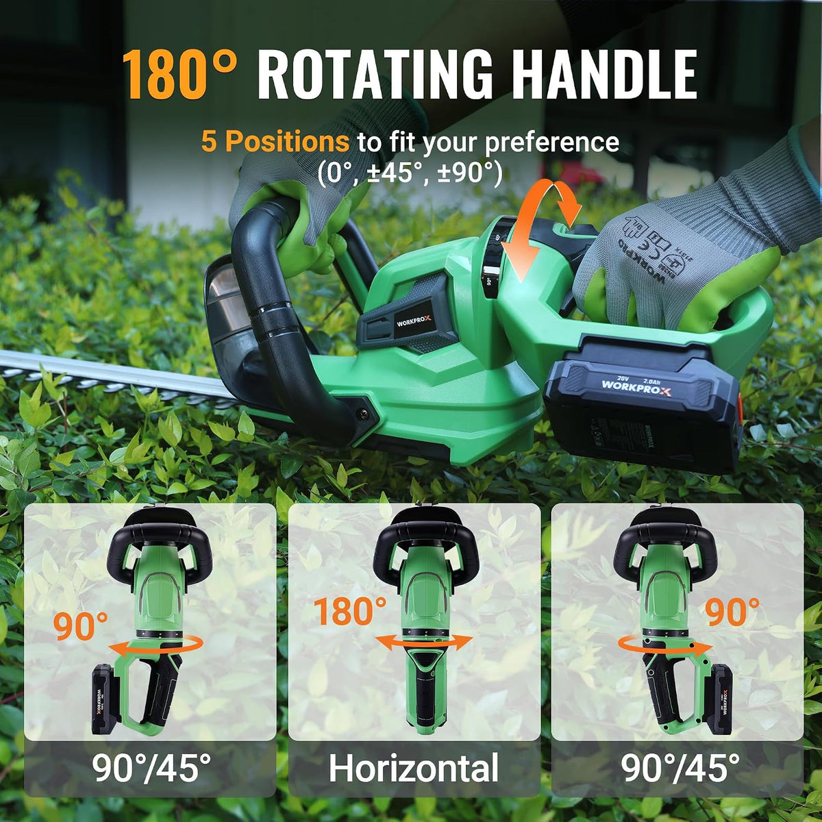Green cordless hedge trimmer with 180° rotatable handle and black front guard