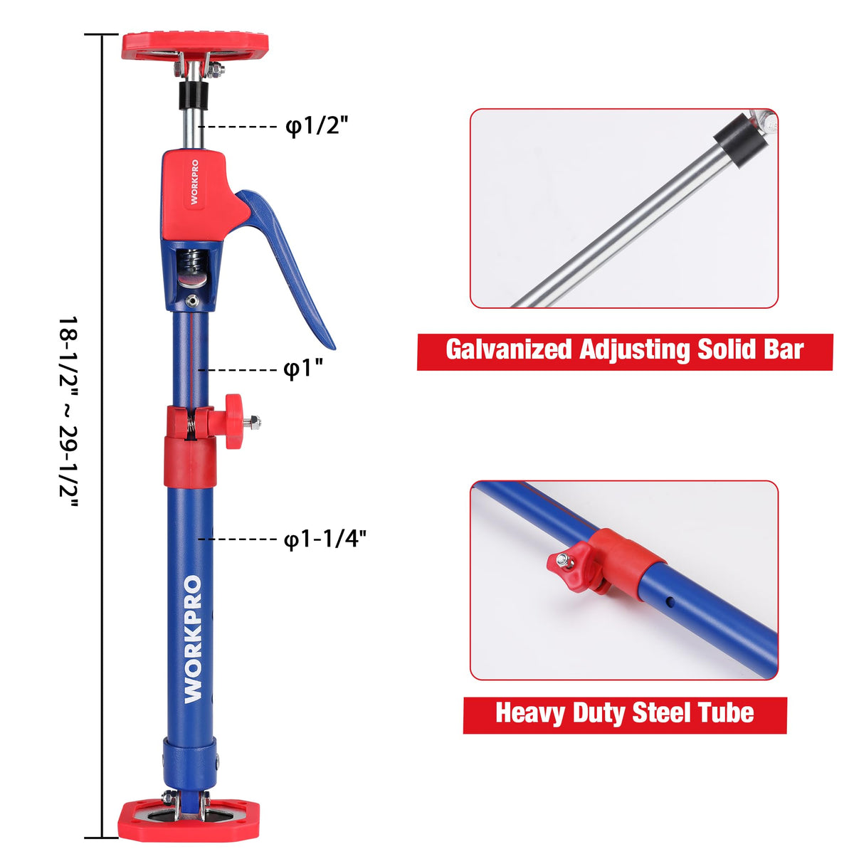 Cabinet jack support pole with red handle and blue base featuring an adjustable solid bar