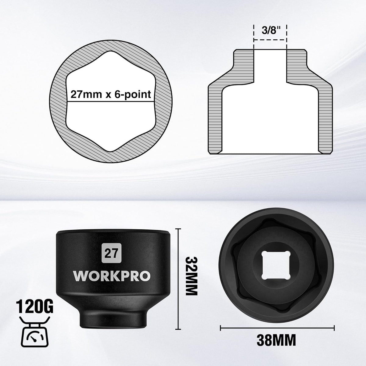 27mm 6-point oil filter socket wrench with 3/8 in drive