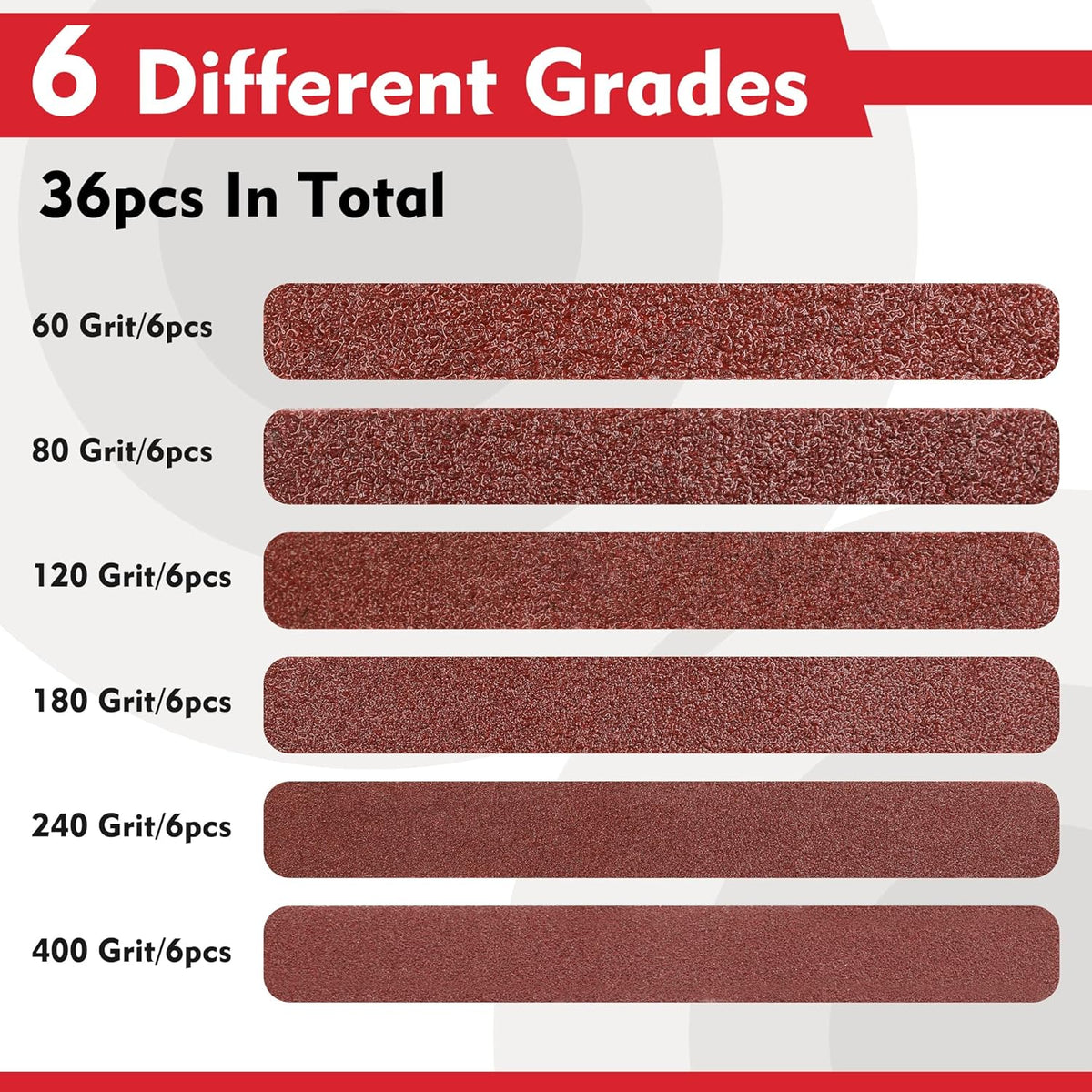 Maroon sanding belt strips showing different grit levels in one pack