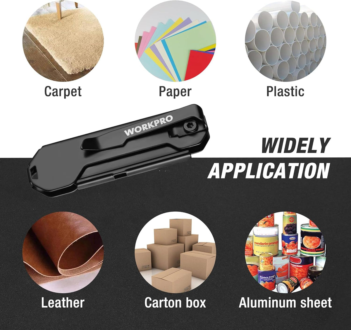 Compact folding utility knife for cutting carpet, paper, plastic, leather, and cardboard boxes.