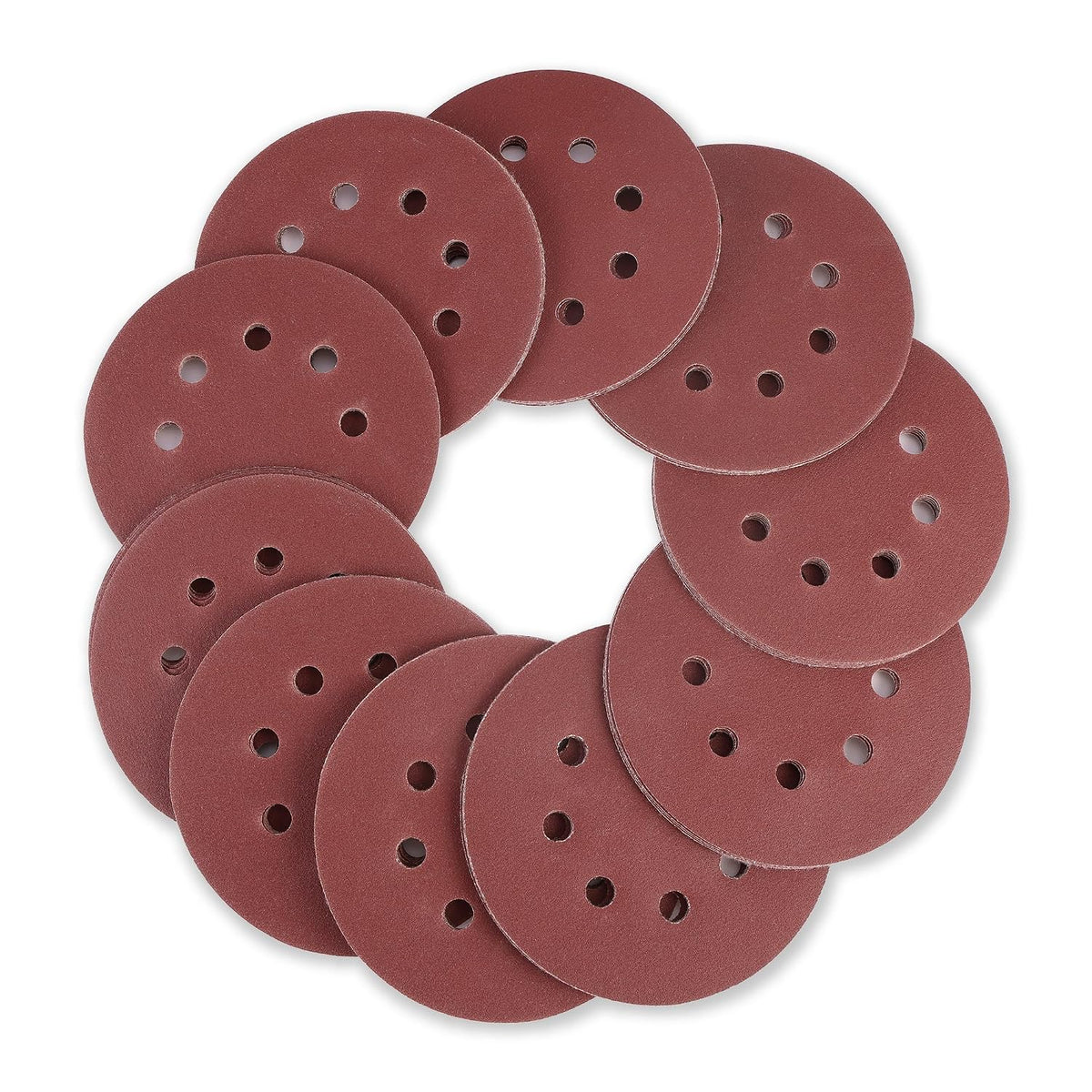 Maroon 8-hole hook-and-loop sanding discs, round pads