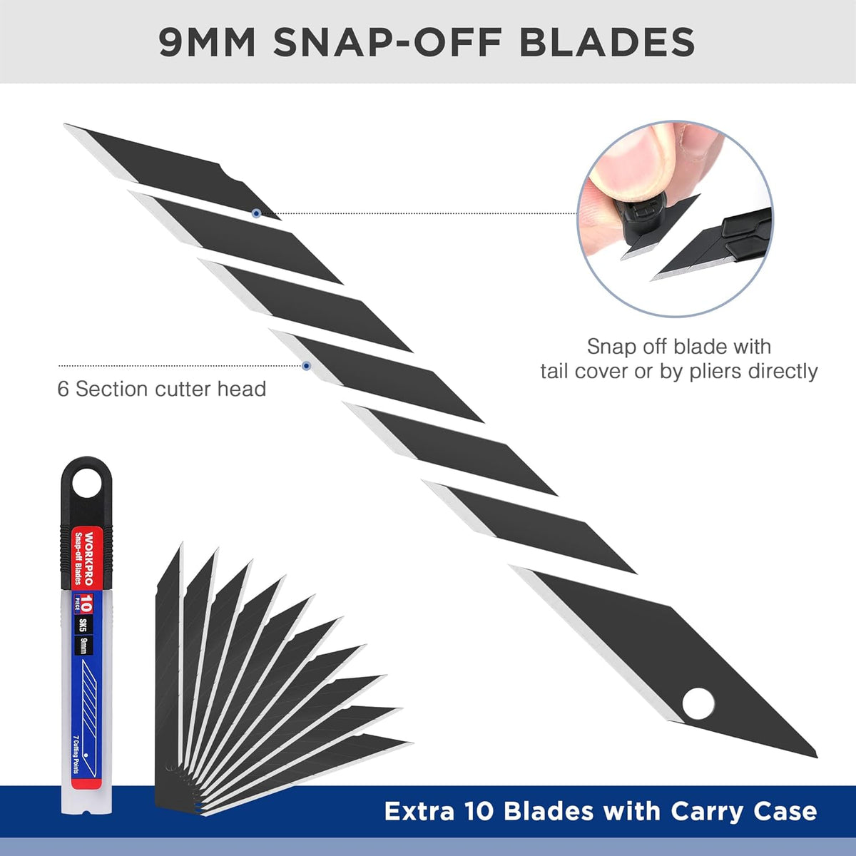 9mm snap-off cutter blades with a retractable knife, included blade pack and carry case