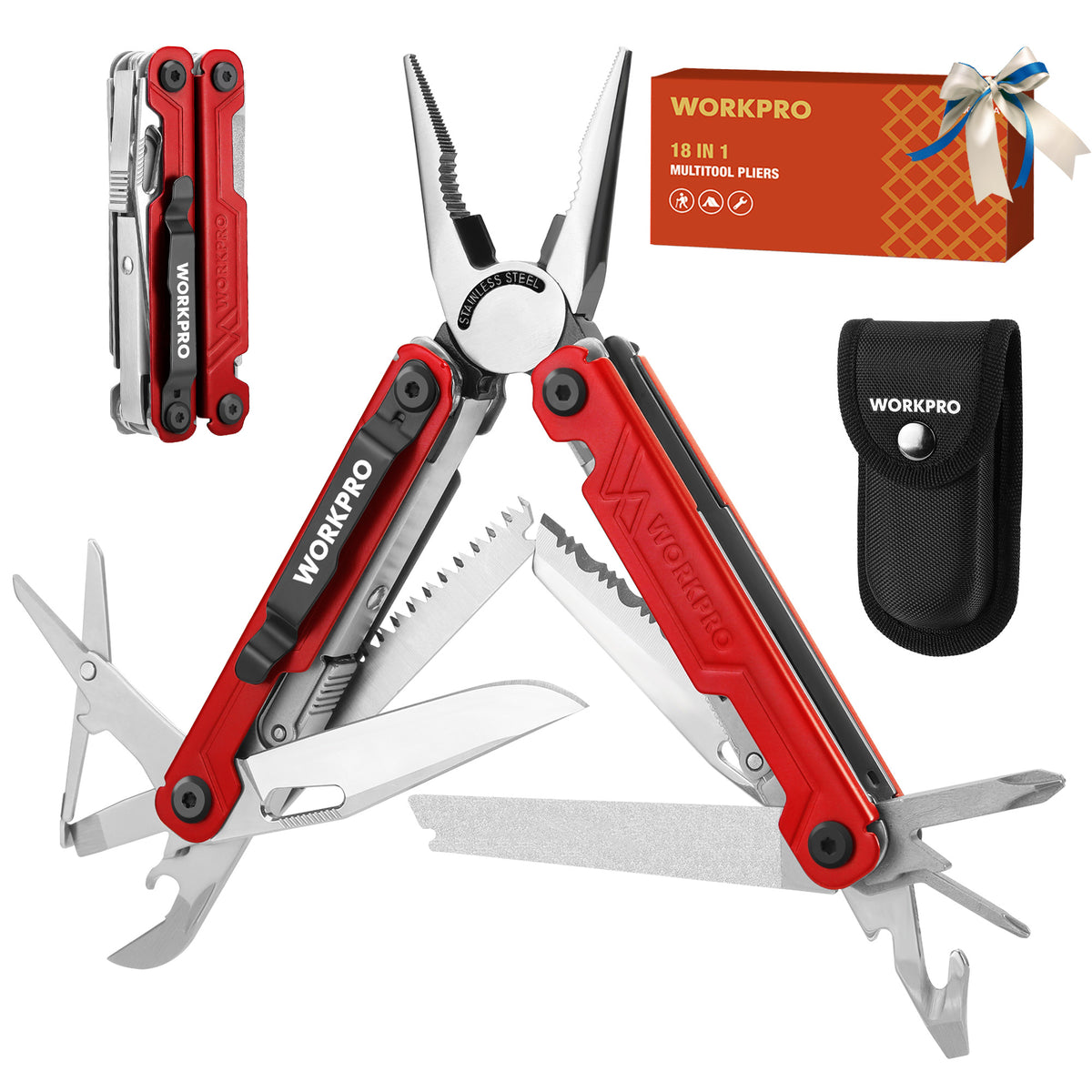 Workpro 18-in-1 multi-tool pliers in red with durable Oxford fabric sheath and two safety locks.
