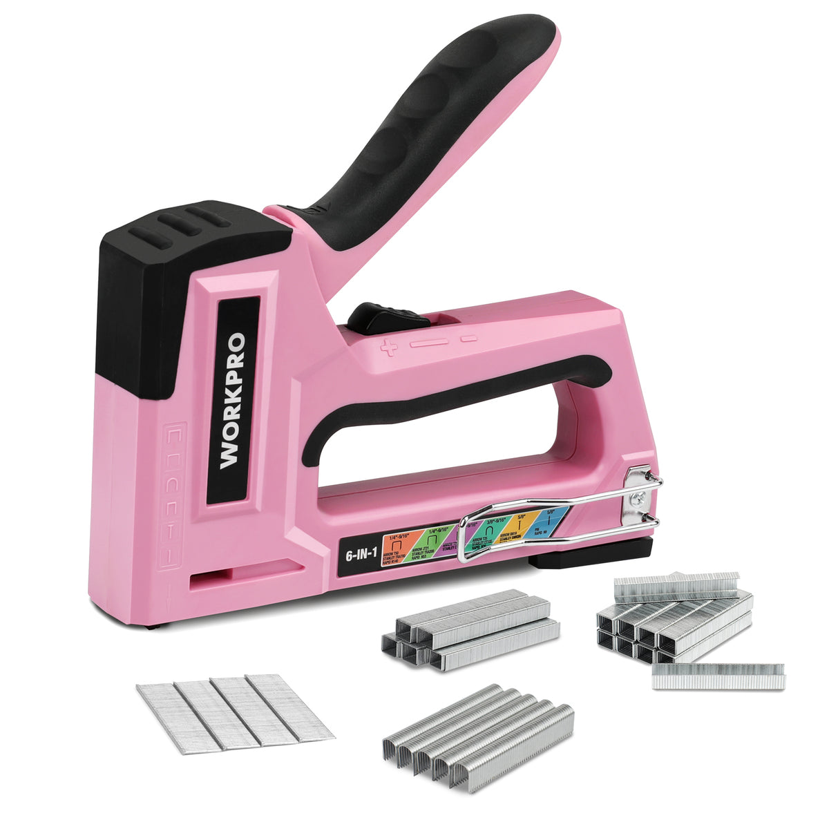 Workpro 6-in-1 manual brad nailer and upholstery stapler in pink with high and low power adjustment.