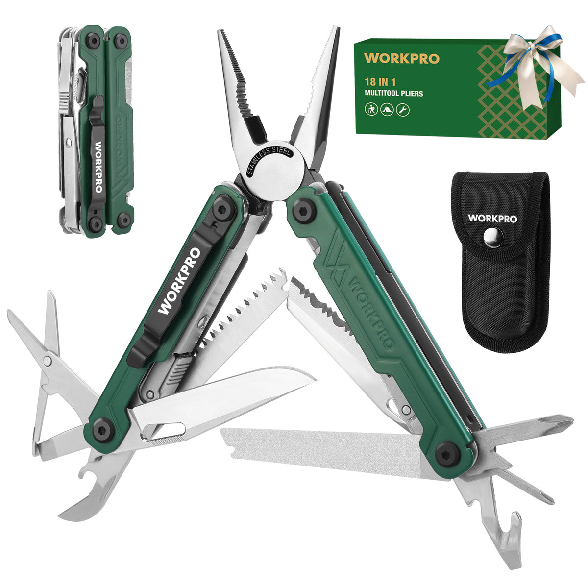 Workpro 18-in-1 multi-tool pliers in green with a durable Oxford fabric sheath and folding tools