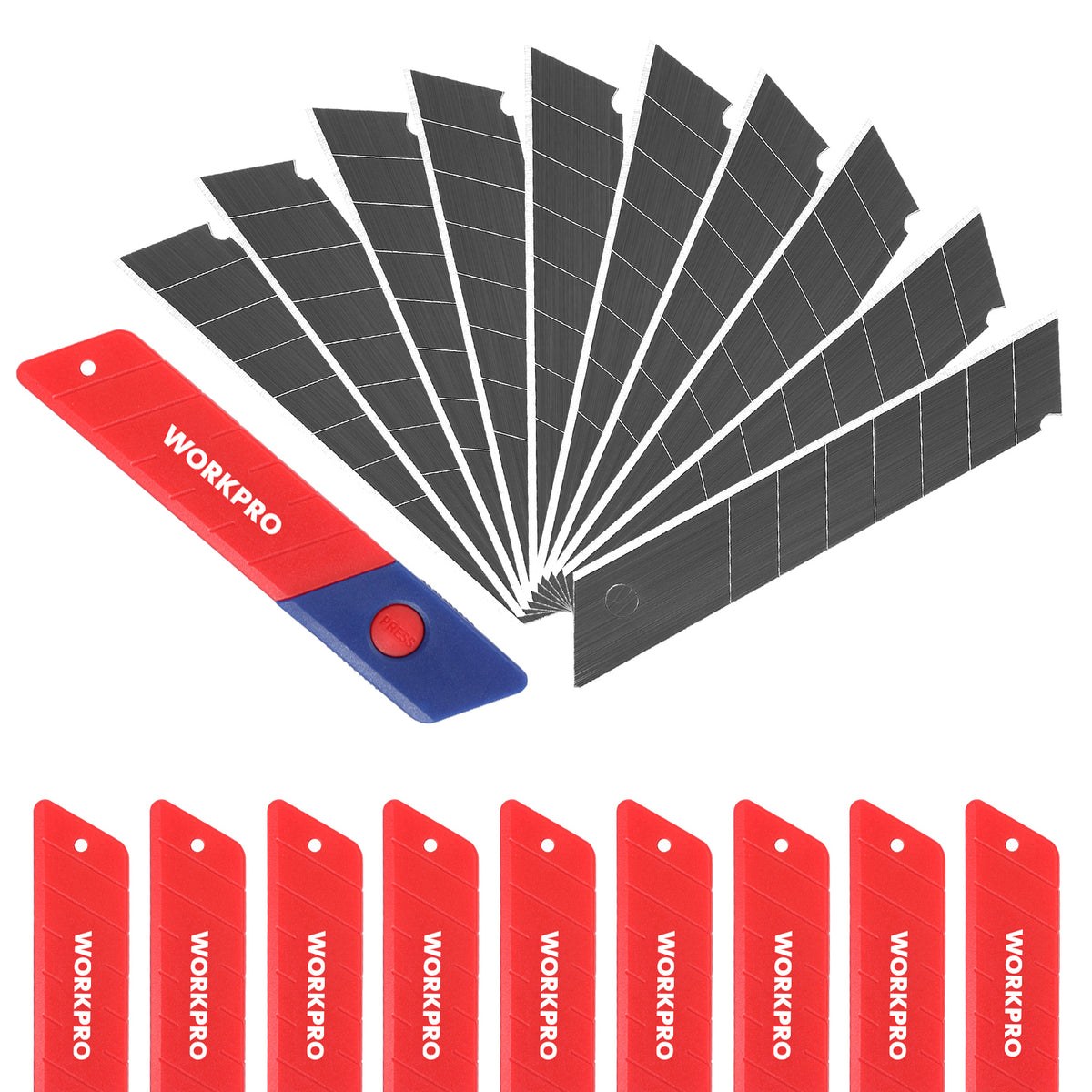 Workpro 18mm snap-off replacement blades in dark steel, each with eight cutting edges for utility knives.