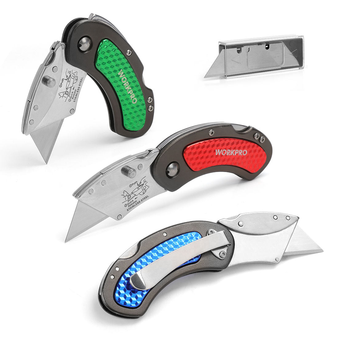 Workpro quick change blade folding utility knife set with black, red, green, and blue handles, plus back-lock mechanism