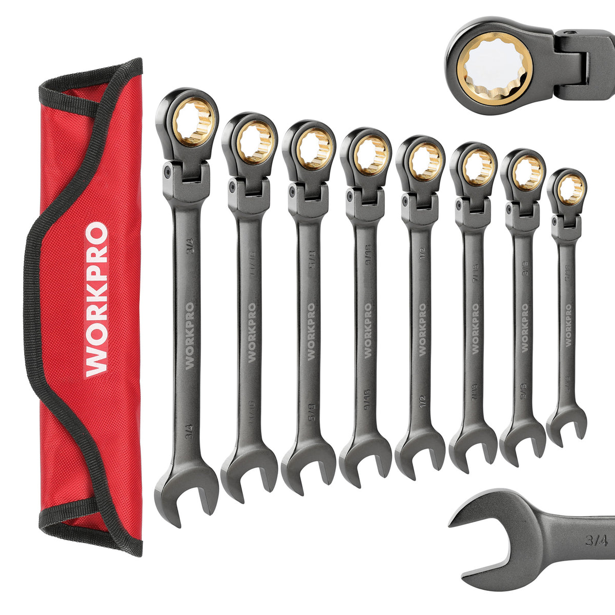 WORKPRO 8 Pcs Flex-Head Ratcheting Combination Wrench Set with Organizer Bag, secure durable quality