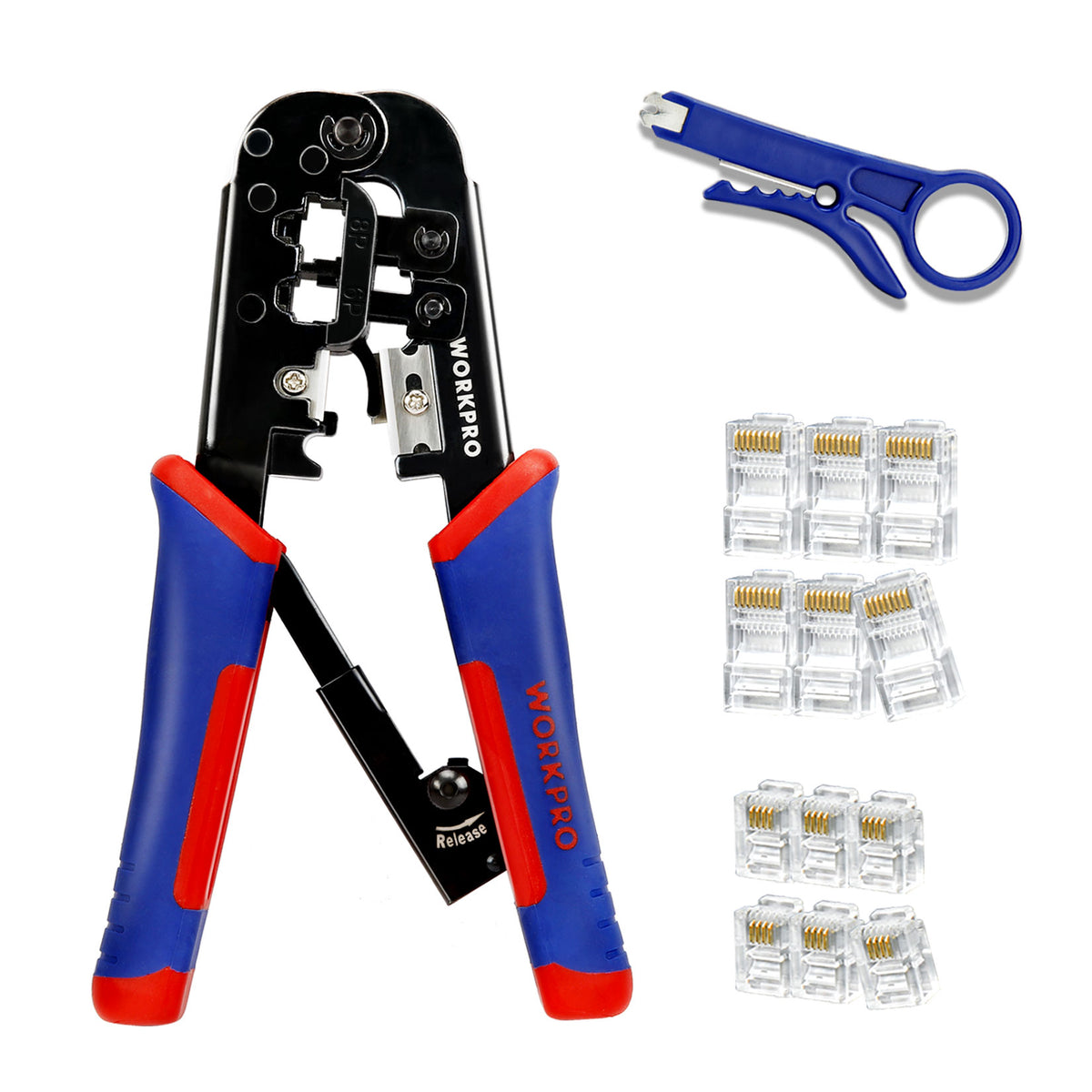 Workpro RJ45 crimping tool kit in blue and red for Ethernet, router, and telephone plug installation