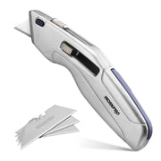 Workpro self-retracting safety utility knife in silver with standard utility blade compatibility and textured slider