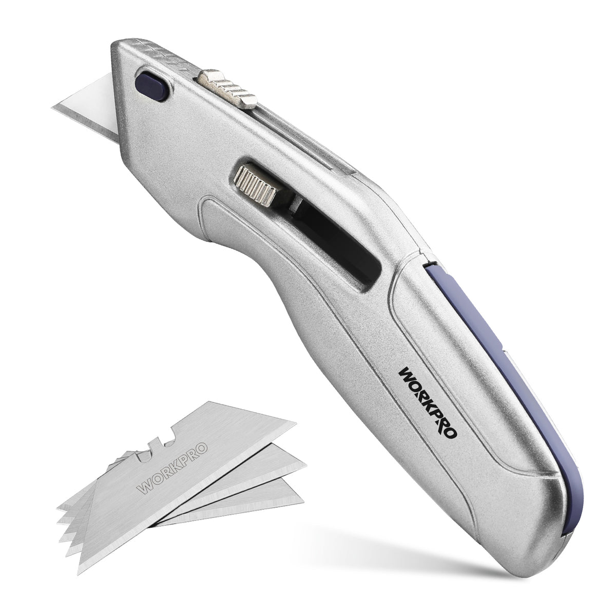 Workpro self-retracting safety utility knife in silver with standard utility blade compatibility and textured slider