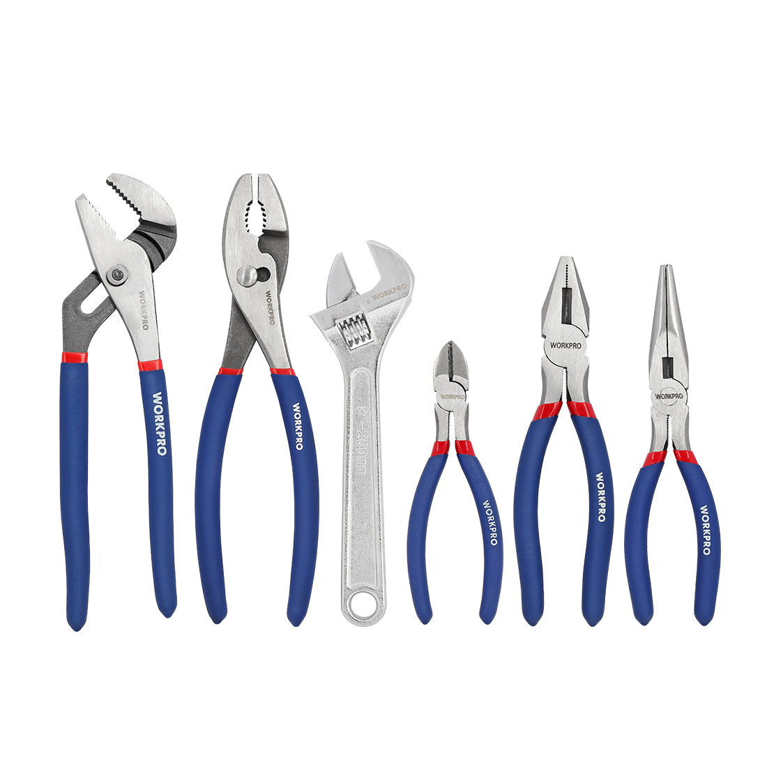 WORKPRO Large Pliers and Wrench Set 6-Piece with blue anti-slip grip handles, durable quality and secure innovation