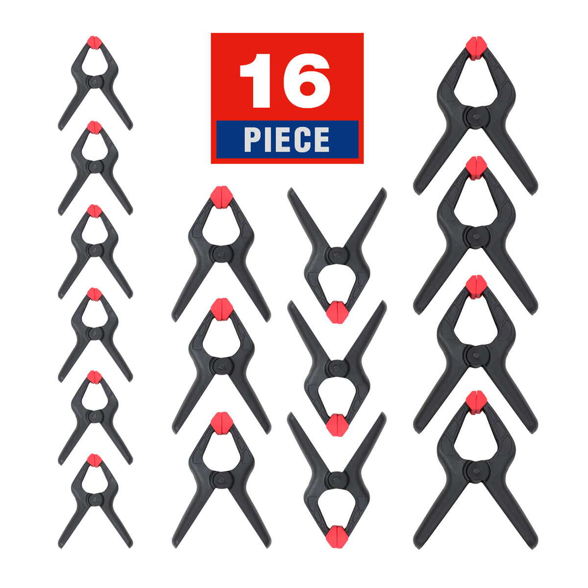 Workpro 16 piece nylon spring clamp set in black and red with ergonomic handles and textured gripping surfaces.