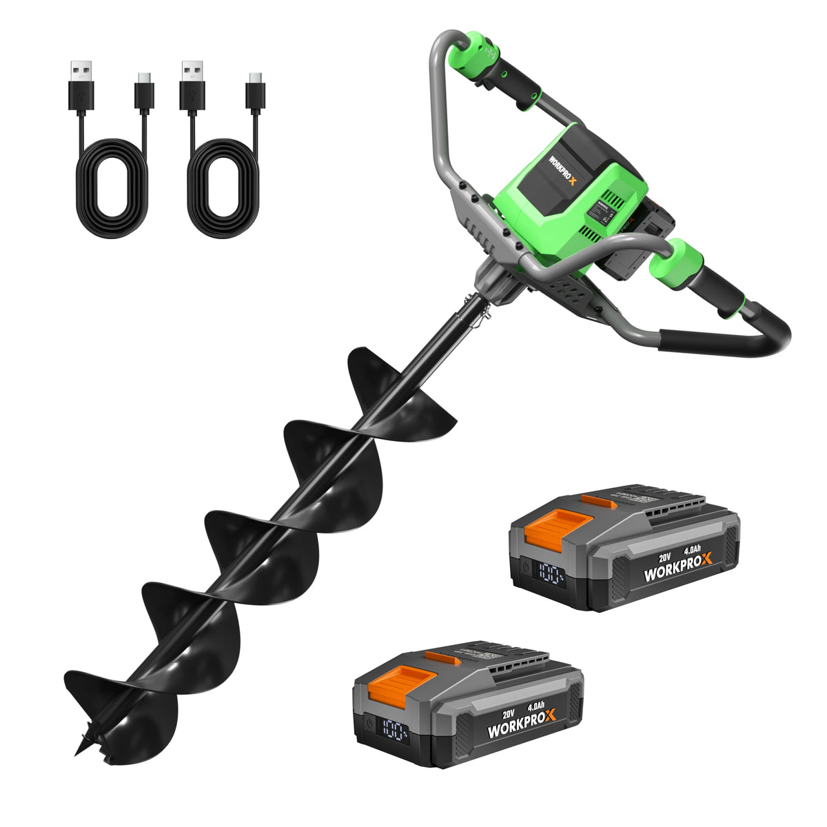 Cordless electric earth auger with auger bit and green/gray handle, plus two battery packs
