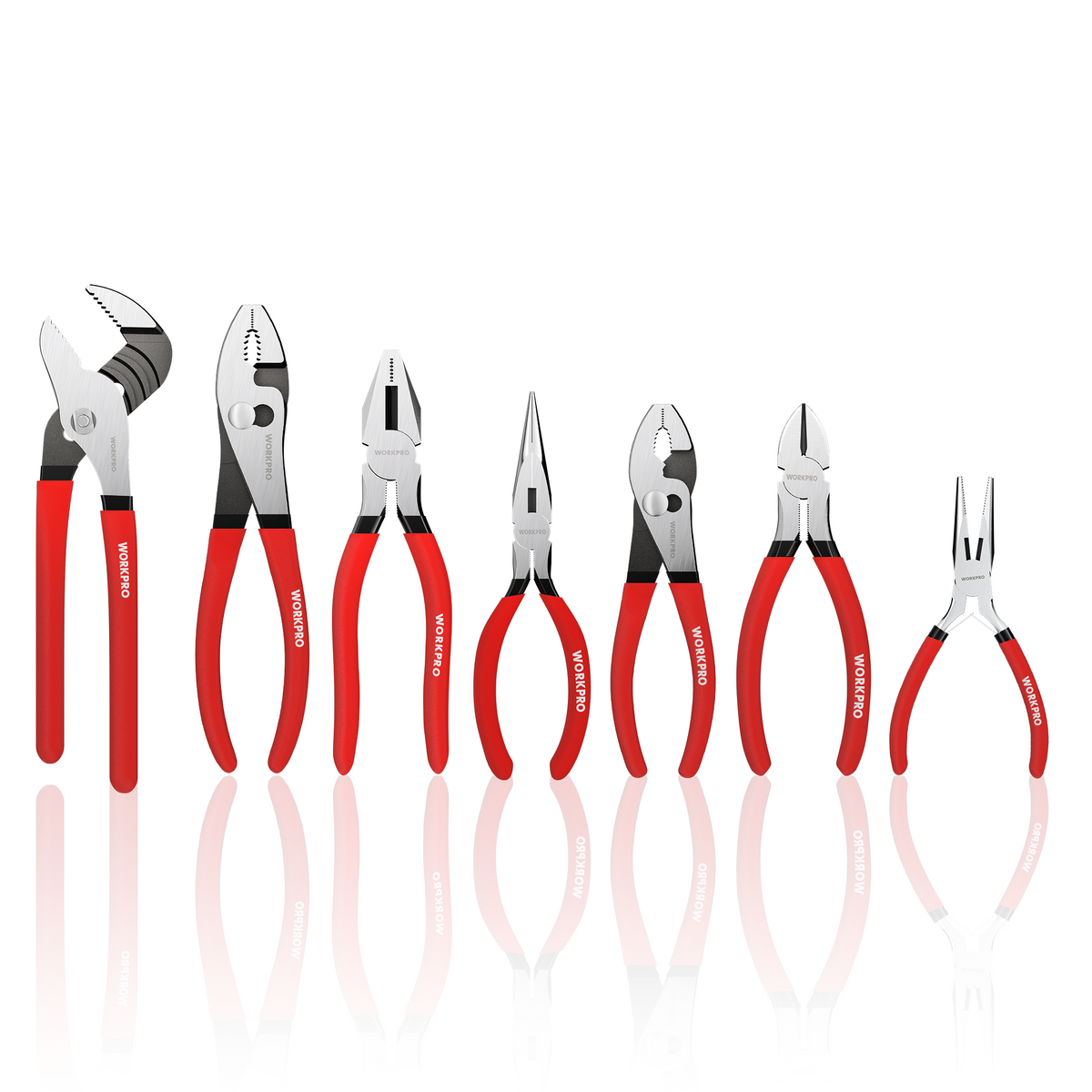 WORKPRO 7-piece pliers set with red comfort grip handles, chrome vanadium steel construction for durable quality