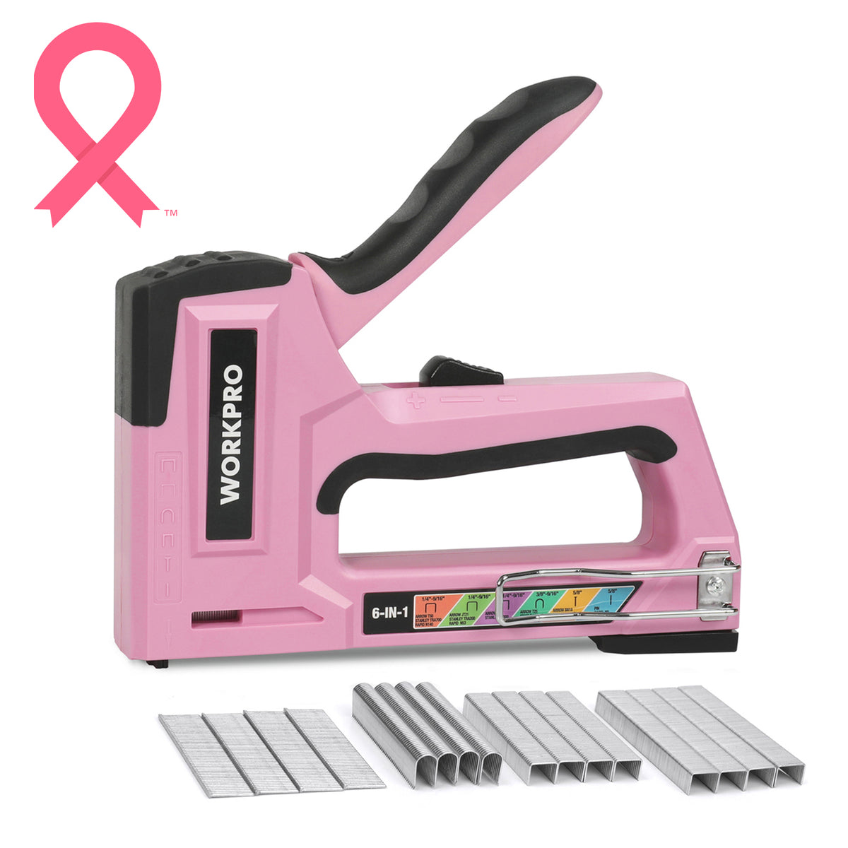 Workpro 6-in-1 manual staple gun in pink with high/low power adjustment for upholstery fastening projects.