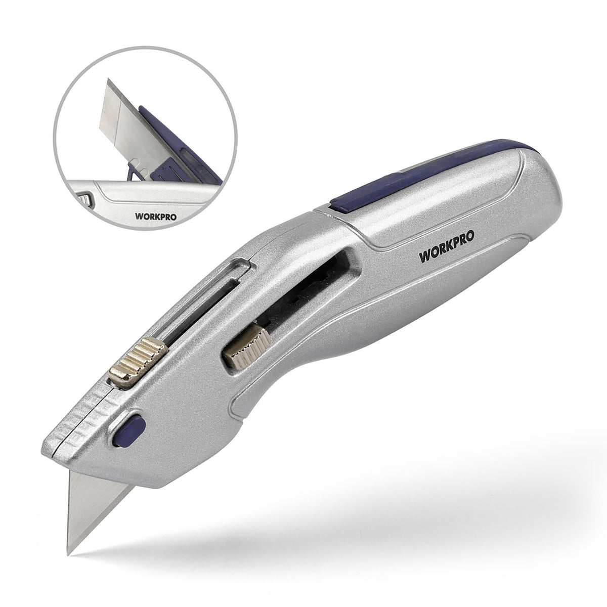 Workpro retractable utility knife with self-retracting safety mechanism, silver and purple casing, and quick-change blade.