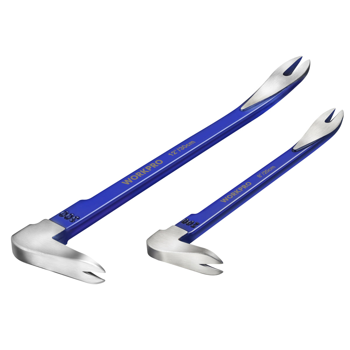 Workpro 2-piece nail puller set in blue with opposing clawed ends for nail removal and prying tasks