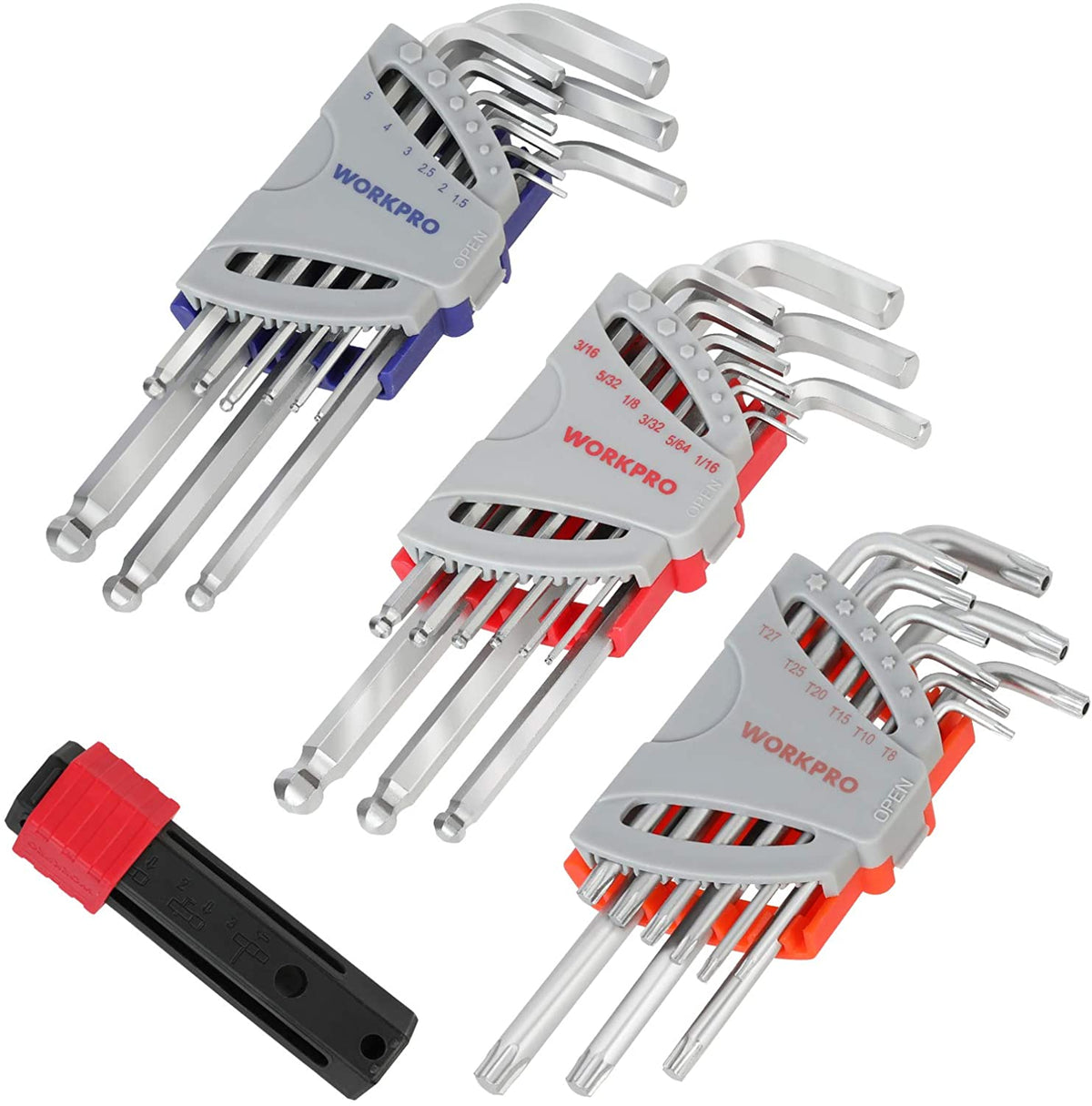Workpro 27 piece long arm ball end hex key set in silver with SAE, metric, and star sizes in color coded holders.