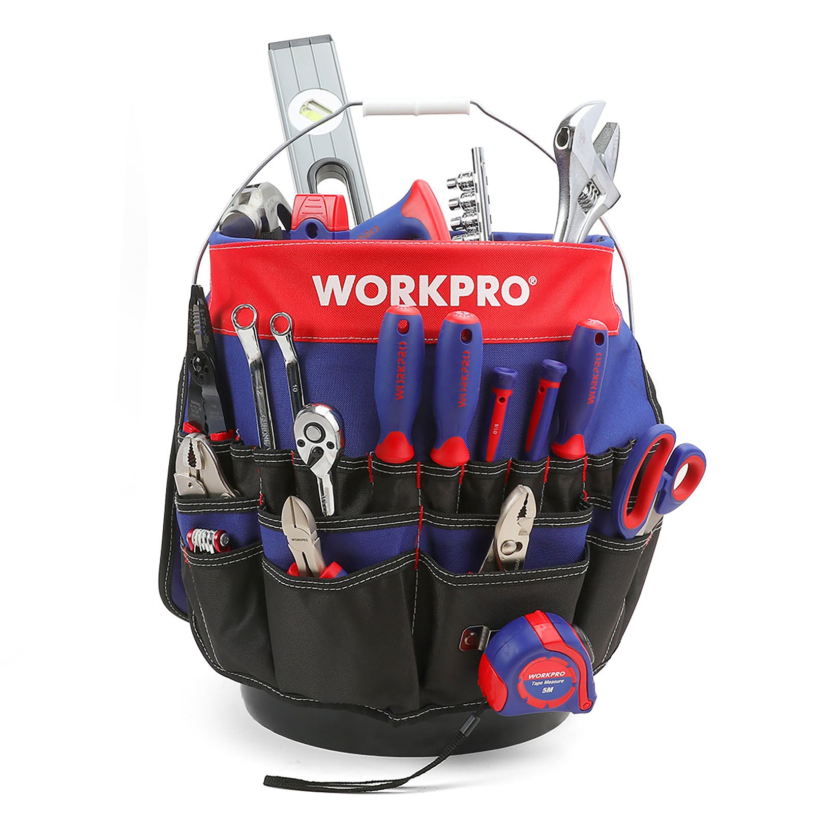 WORKPRO Bucket Tool Organizer with 51 Pockets in red and blue, innovation quality and durable tool storage