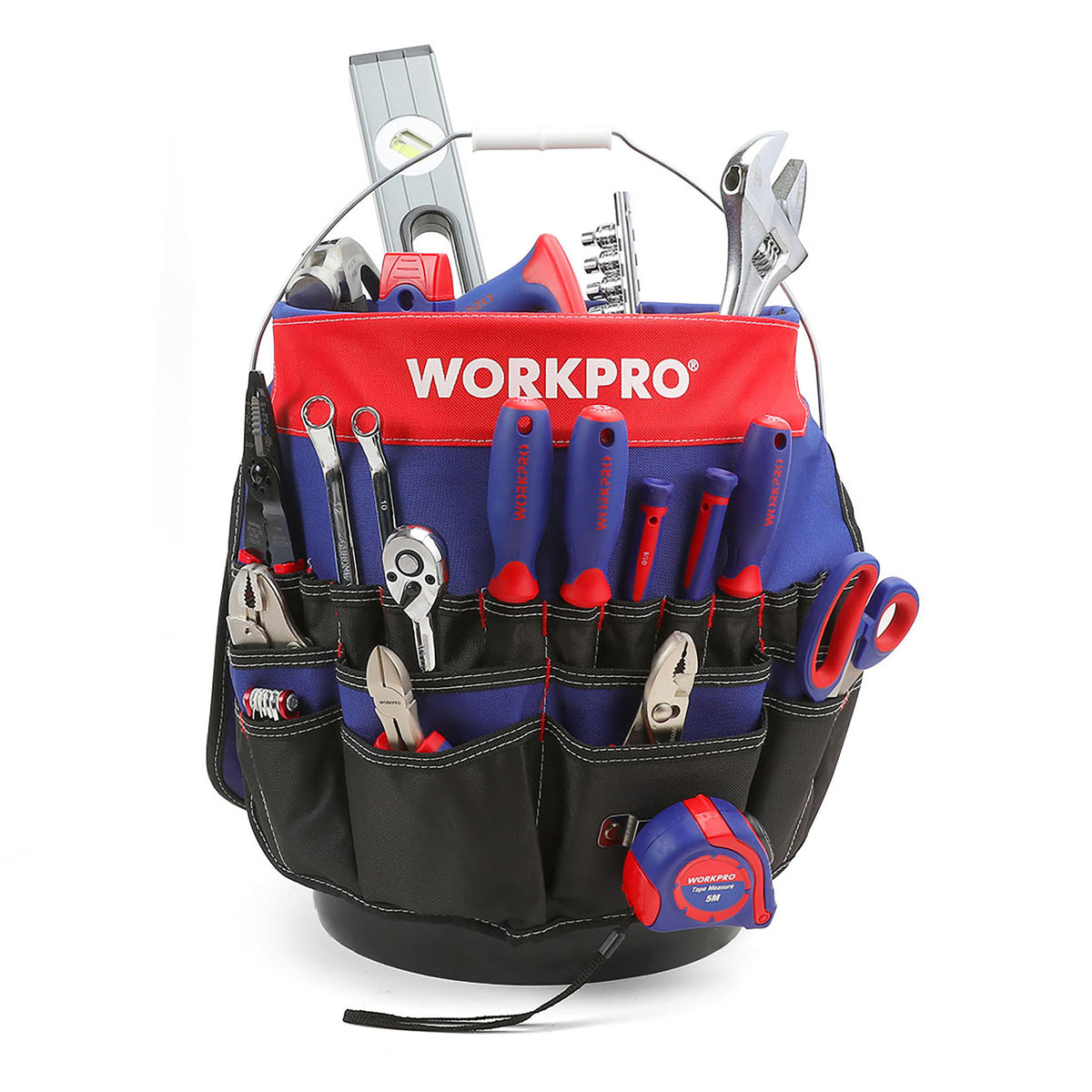 WORKPRO Bucket Tool Organizer with 51 Pockets in red and blue, innovation quality and durable tool storage