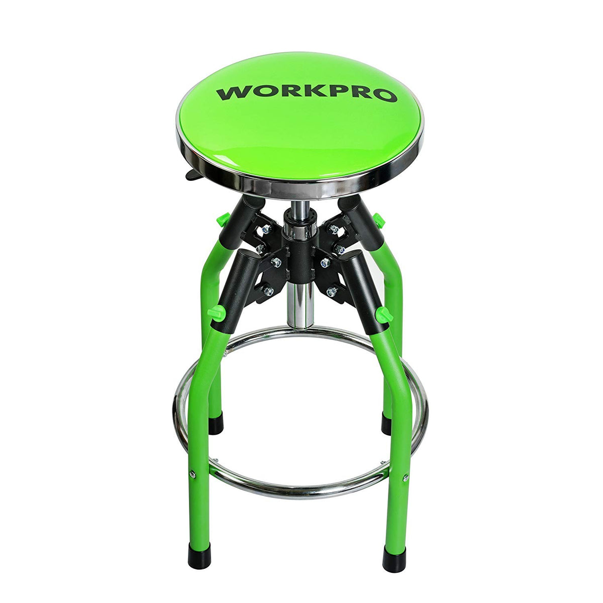 Workpro heavy duty adjustable hydraulic shop stool in green with 360 degree rotation and a padded soft seat.