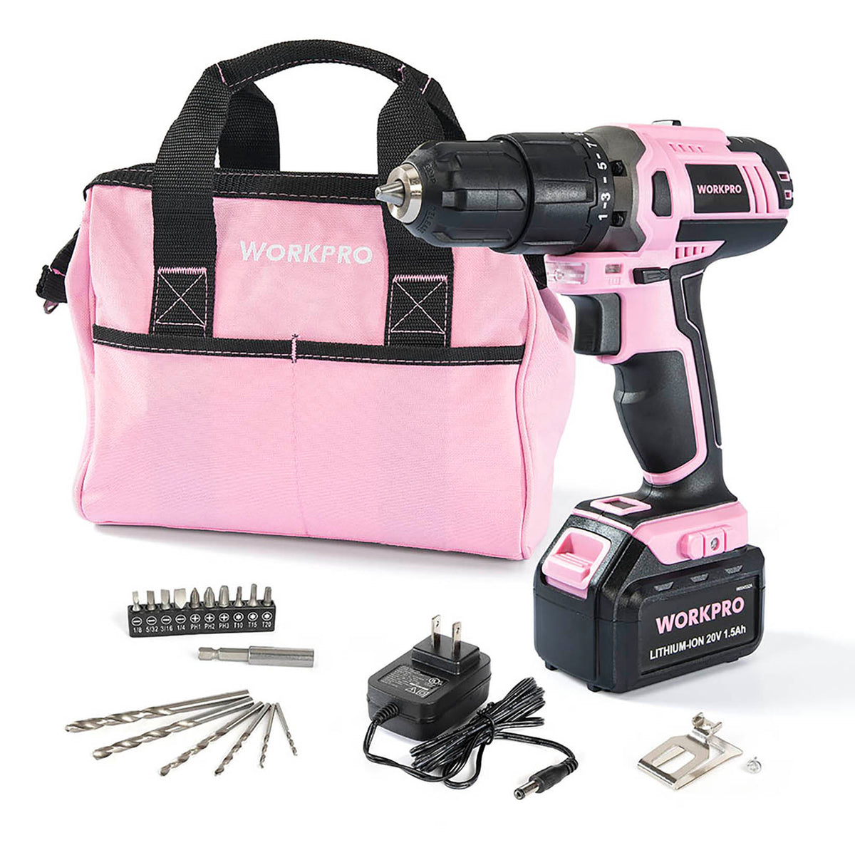 Workpro Pink Ribbon cordless drill driver set with carry bag, charger, drill bits and built-in LED work light.