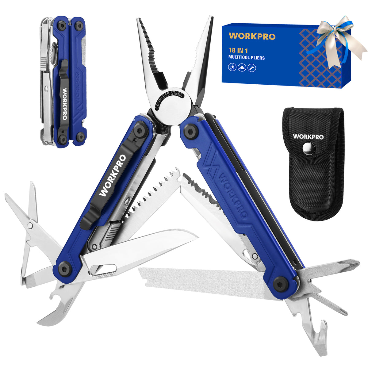 Workpro 18-in-1 multi-tool pliers in blue with stainless steel construction and Oxford sheath for outdoor carry.