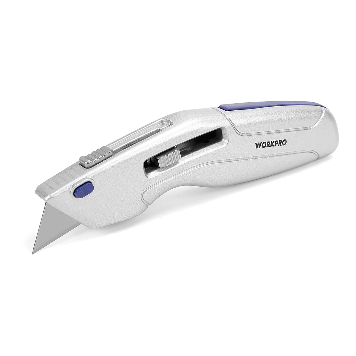 Workpro retractable utility knife with self-retracting safety blade, silver finish and sliding blade control