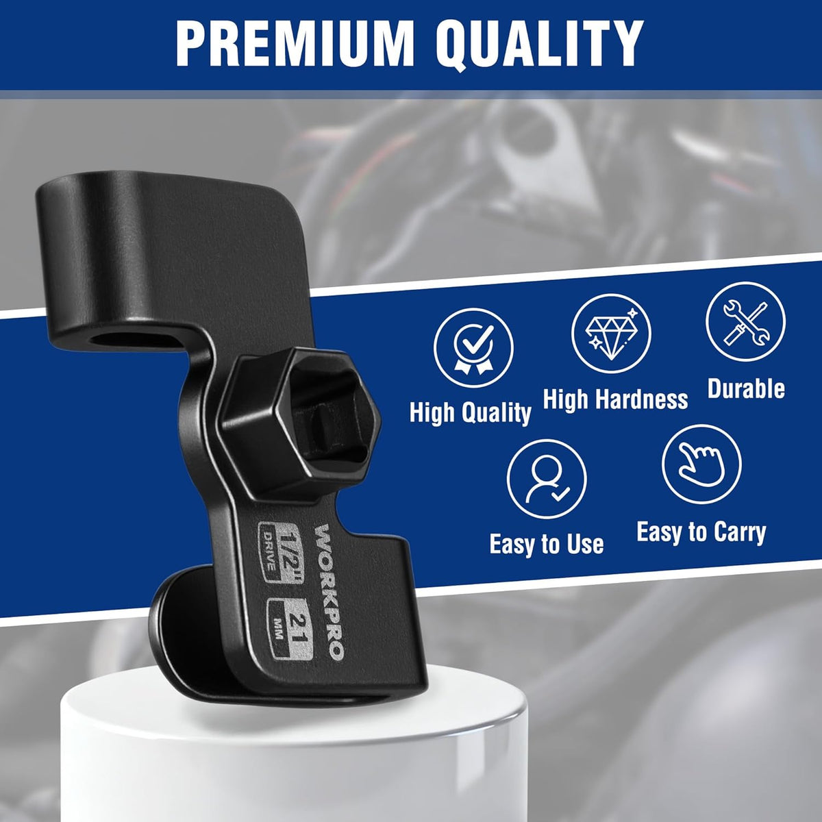 WORKPRO black wrench extender on stand, 1/2 in drive and 21 mm hex socket.