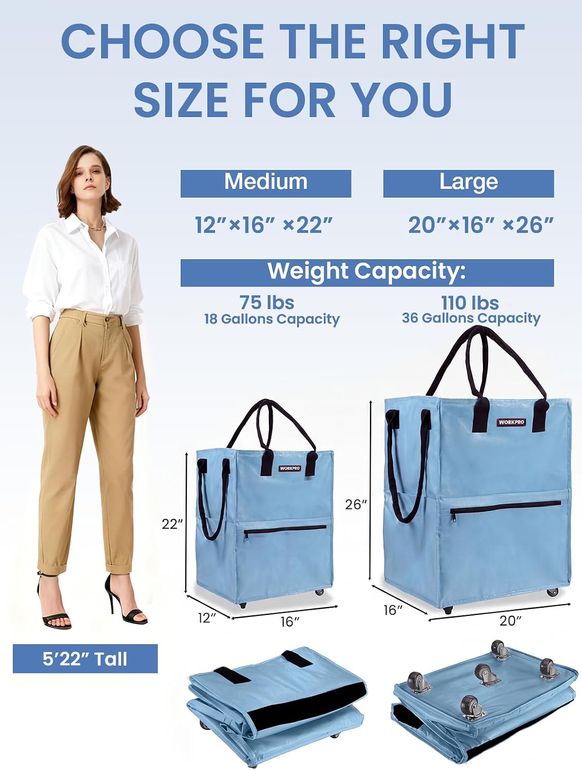 Large rolling grocery bag, light blue 36-gallon tote with 5 wheels and wide zipper
