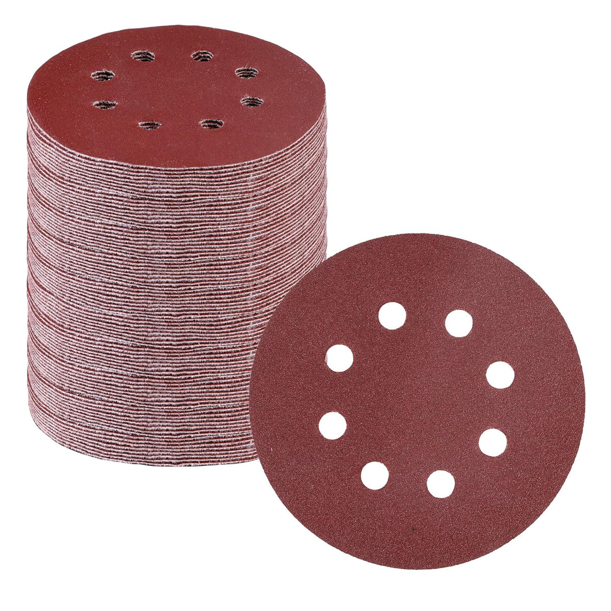 Burgundy 5-inch sanding discs with 8-hole pattern, hook-and-loop backing