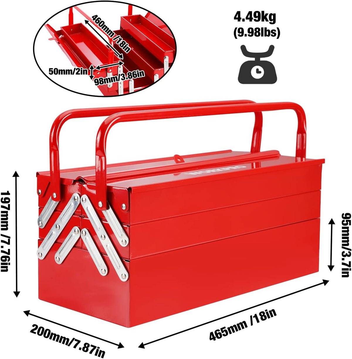 Workpro metal tool box in red with cantilever folding design, carbon steel construction for workshop storage.