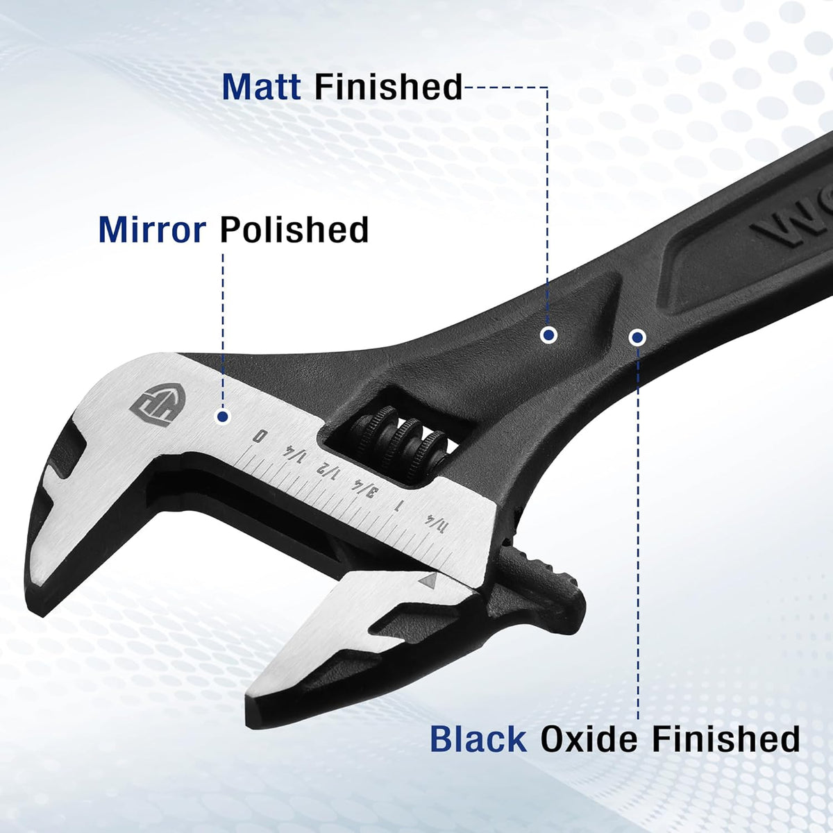 Black adjustable wrench with silver jaw scale and knurled worm drive, wide open head