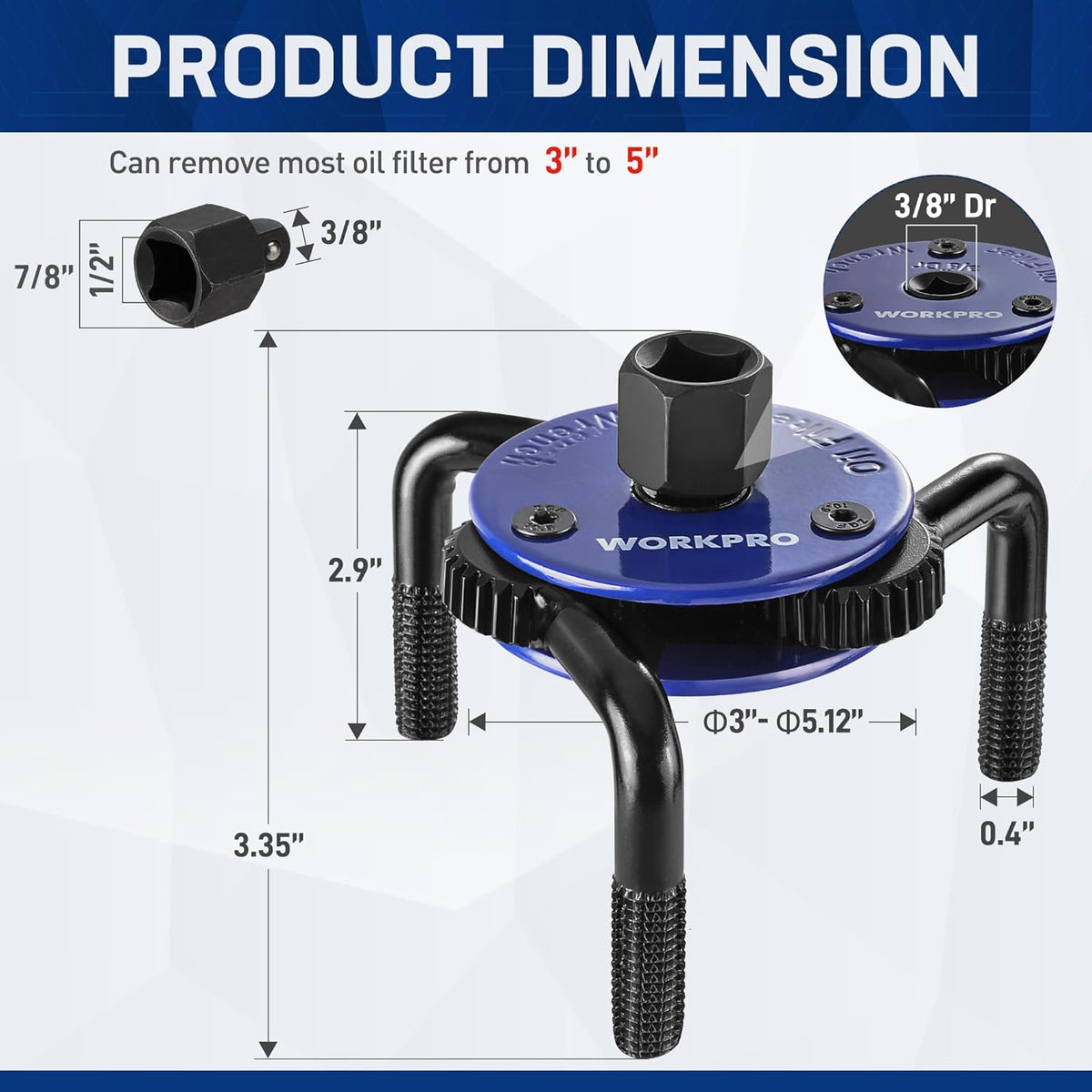 Magnetic adjustable oil filter wrench with blue top plate and three-jaw design