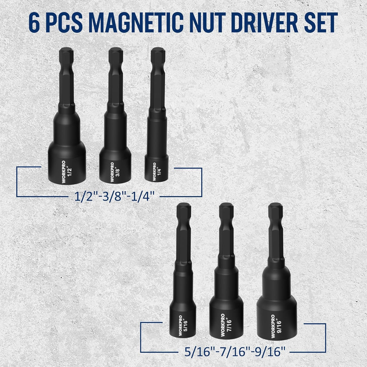 6-piece magnetic nut driver set with black hex shank deep sockets, multiple sizes