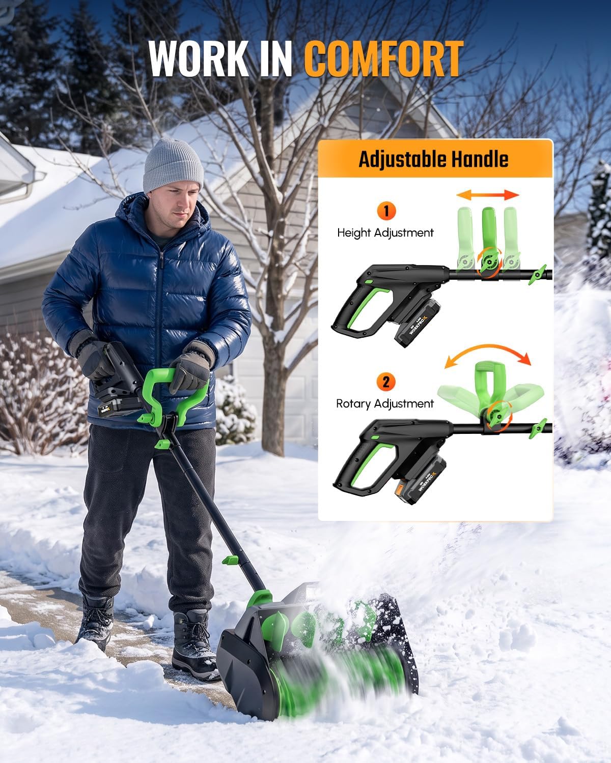 Workprox cordless snow shovel in green and black with adjustable handle for clearing snowy walkways