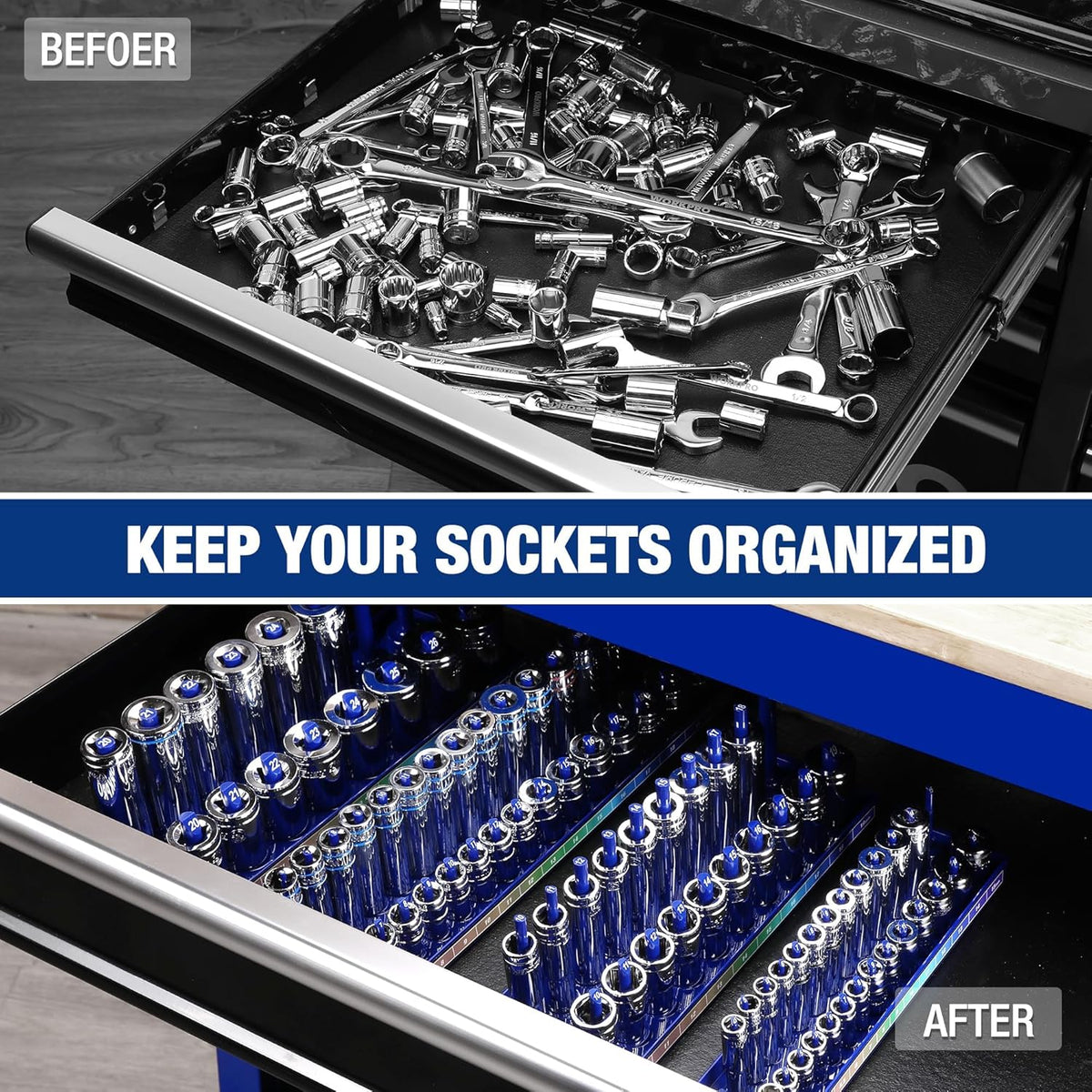 Metal tool drawer insert with blue socket trays and sockets neatly arranged in rows