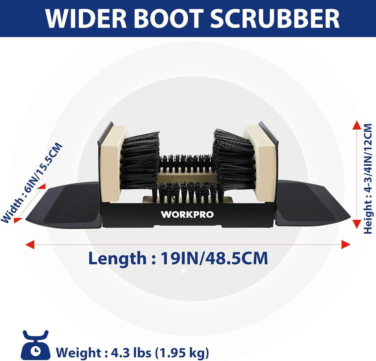 Boot brush scraper with black bristles, beige side plates, and black scraper base