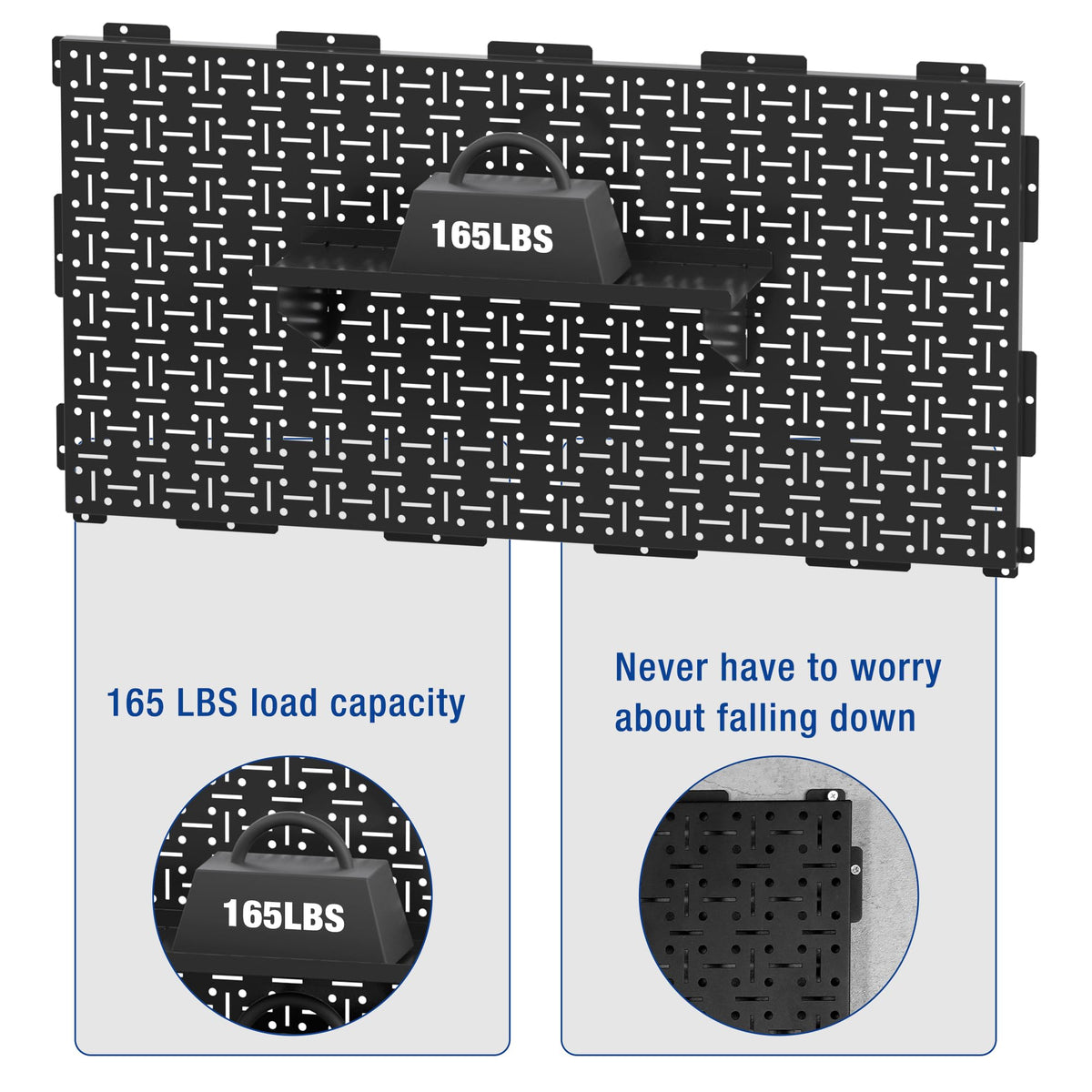 Black metal pegboard wall panel with top hanging bar and mounting holes